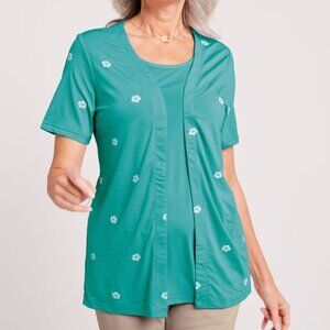 NEW Blue Floral Sz Small Casual or Dress Layer Look Stretchy Jersey Knit Shirt